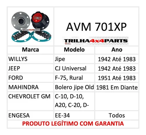 Imagem do produto Roda Livre Avm 701xp (o Par) + Kit Parafusos Jeep Willys F75