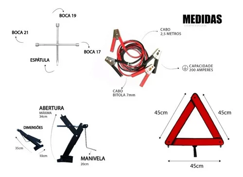 Imagem do produto Kit Estepe Carro Macaco Triangulo Chave Roda Cabo De Chupeta Cf Automotive Cf-kit01 Cor Cromada