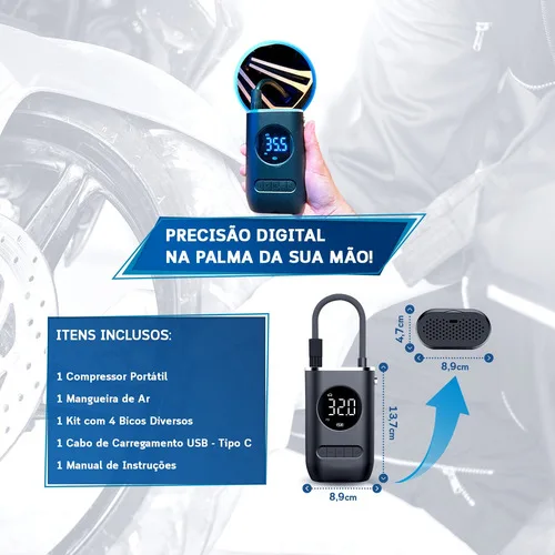 Imagem do produto Calibrador Compressor Pneu Digital Carro Bike Moto Sem Fio
